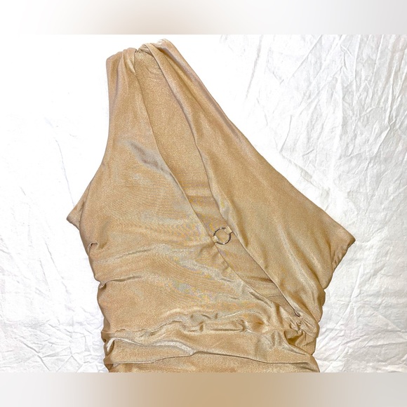 MICAS Gold Bodycon Ruched Mini Dress w/ Keyhole - Picture 2 of 6